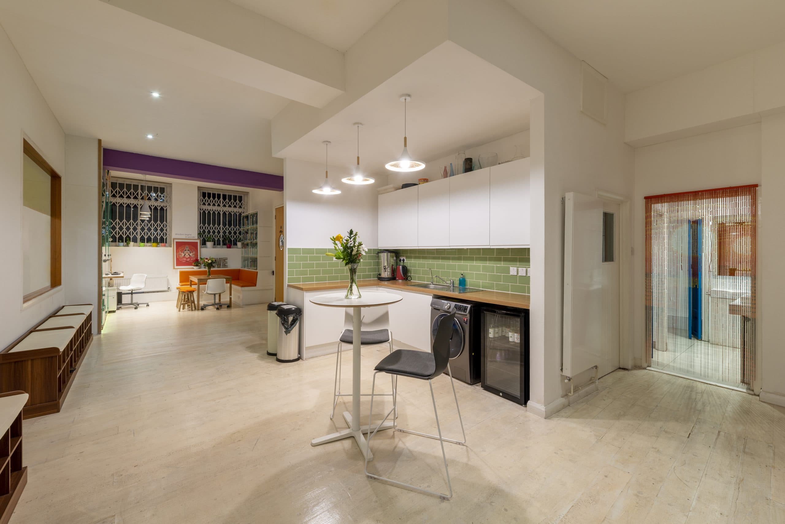 The downstairs kitchenette and social space