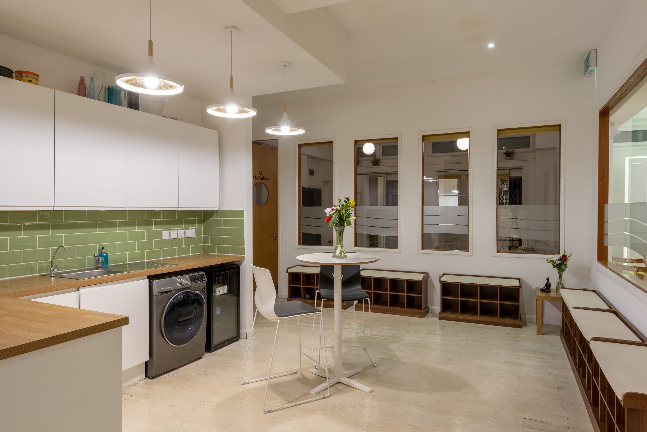 Kitchenette seating and storage for belongings